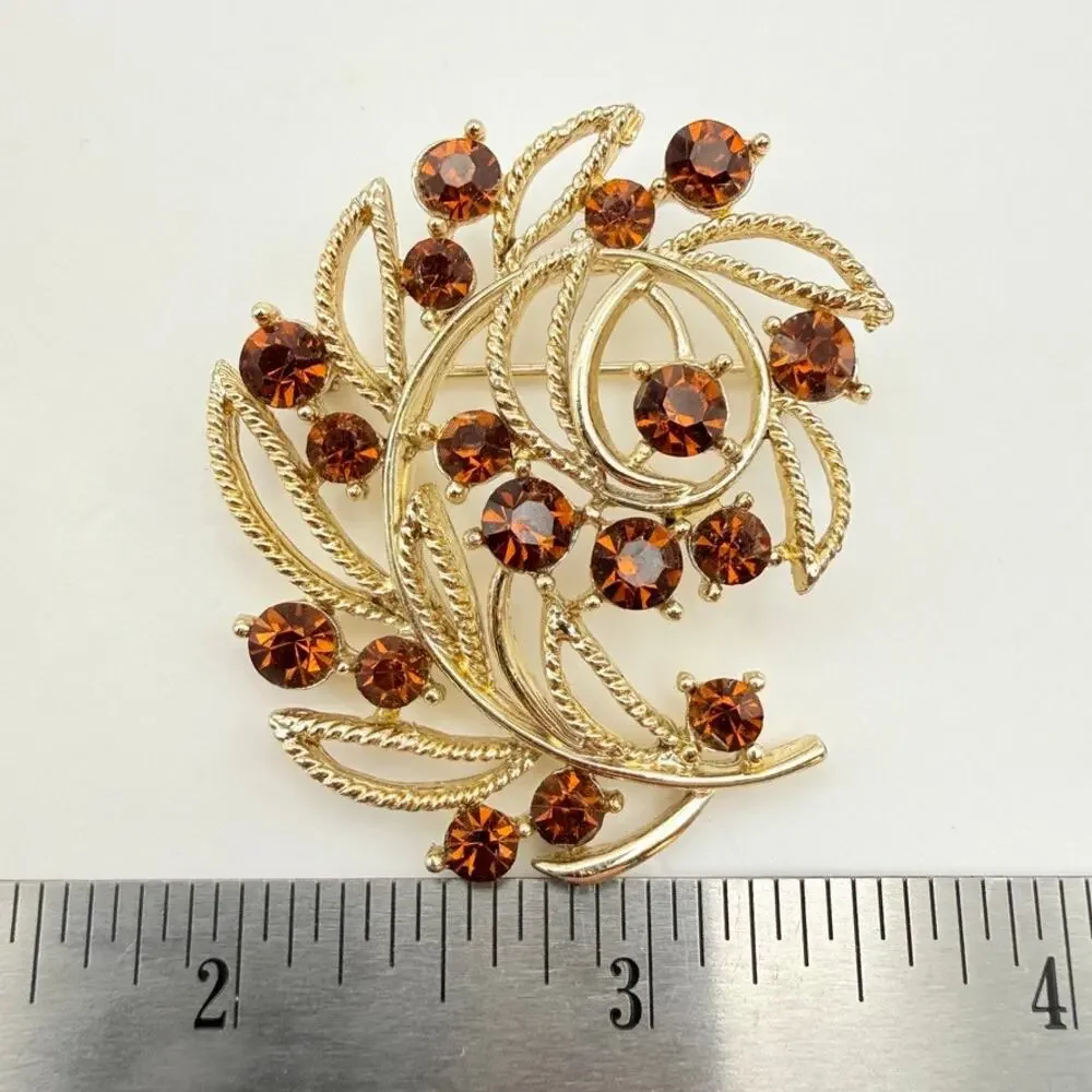 Vtg Signed Lisner MCM Brooch Floral Branch Brown Crystal Rhinestone Gold Tone